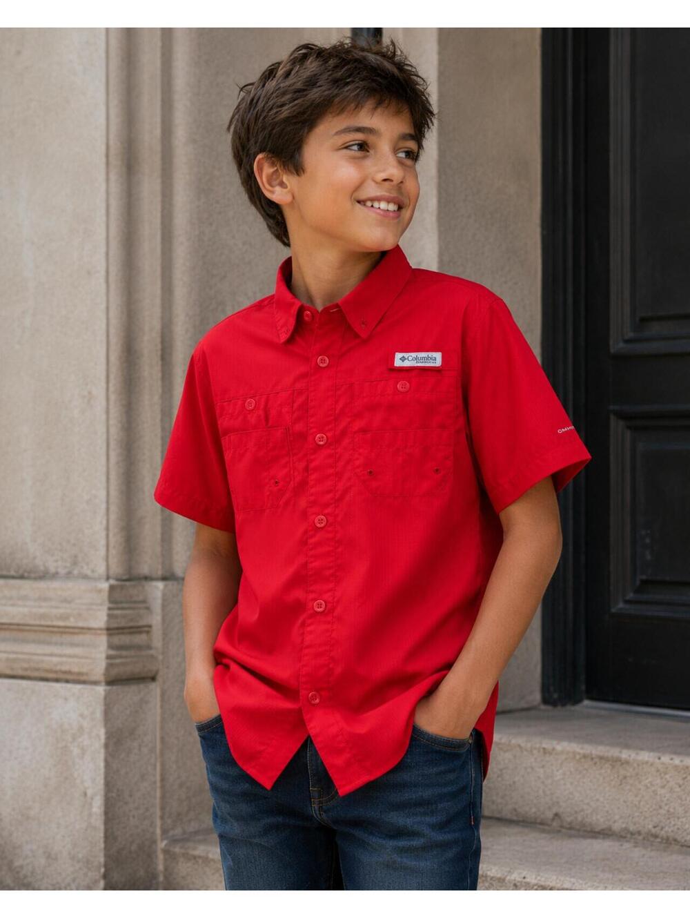 Columbia PFG Youth Red Fishing Shirt Size M 10/12 Omni-Shade